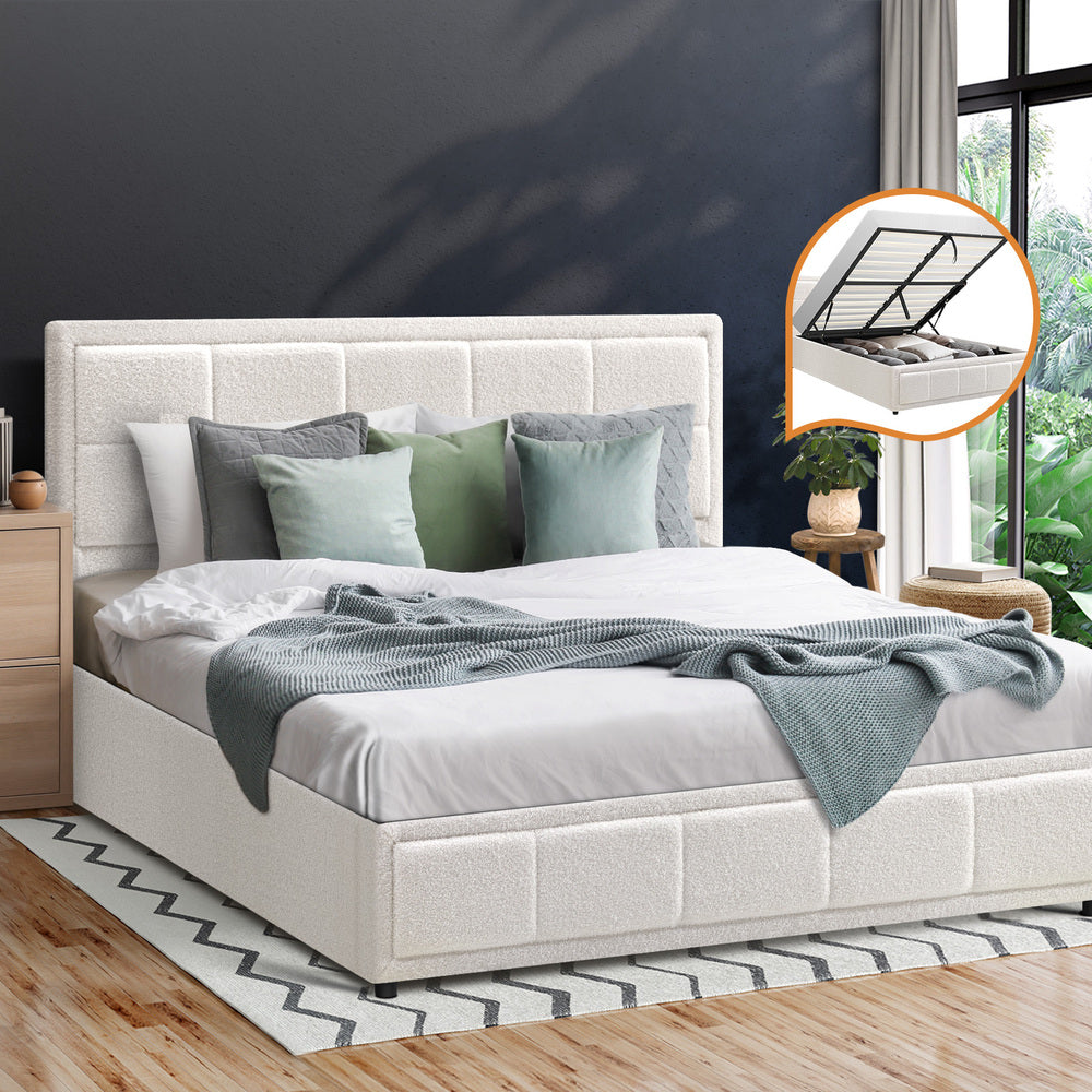 Bed Frame Queen Size Gas Lift Storage Base Boucle White