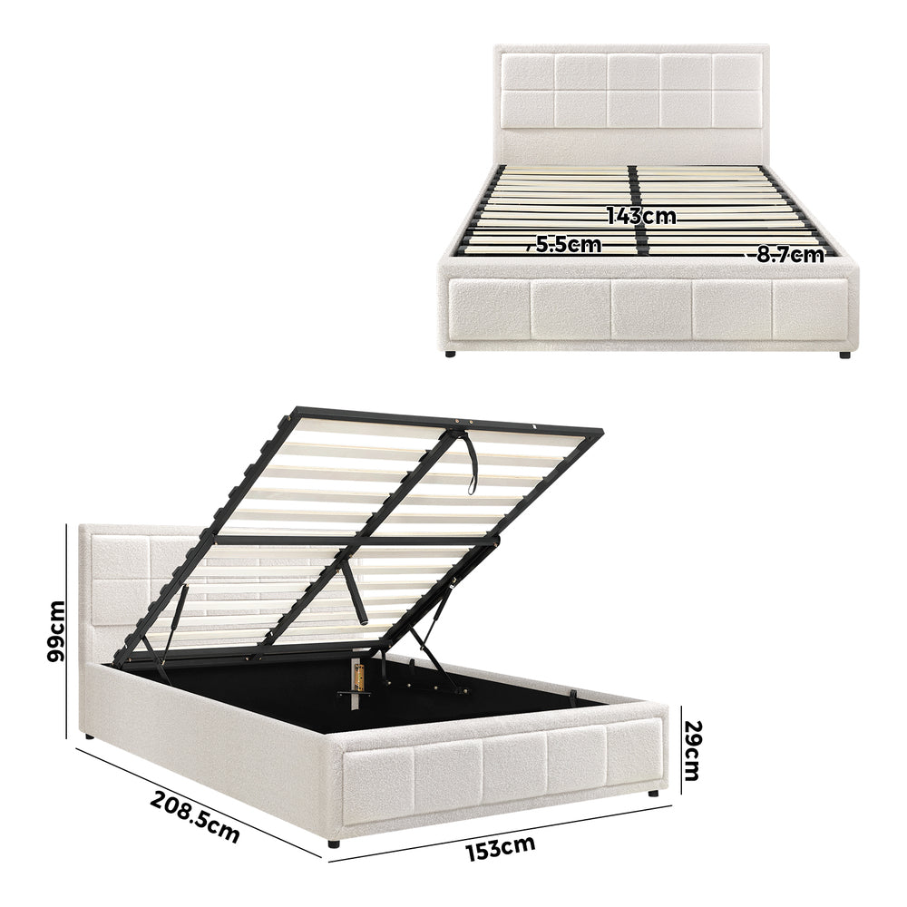 Bed Frame Queen Size Gas Lift Storage Base Boucle White