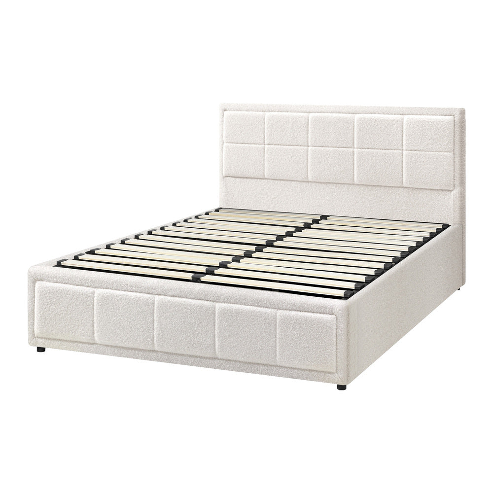Bed Frame Queen Size Gas Lift Storage Base Boucle White