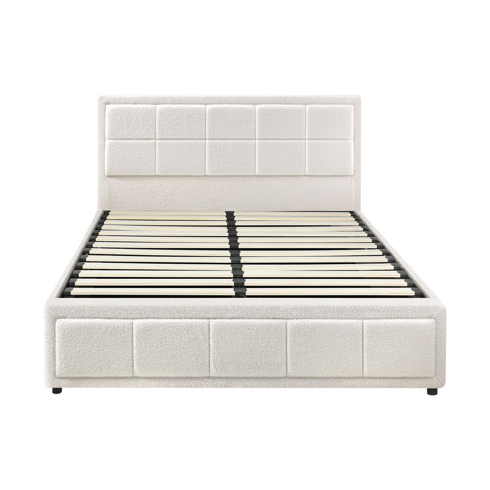 Bed Frame Queen Size Gas Lift Storage Base Boucle White