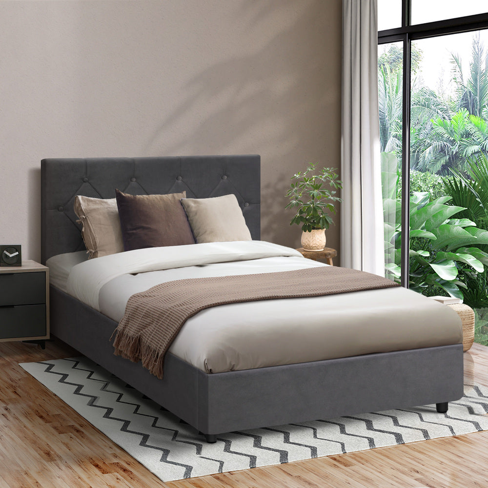 Bed Frame King Single Gas Lift Base Storage Fabric/Leather Grey/White