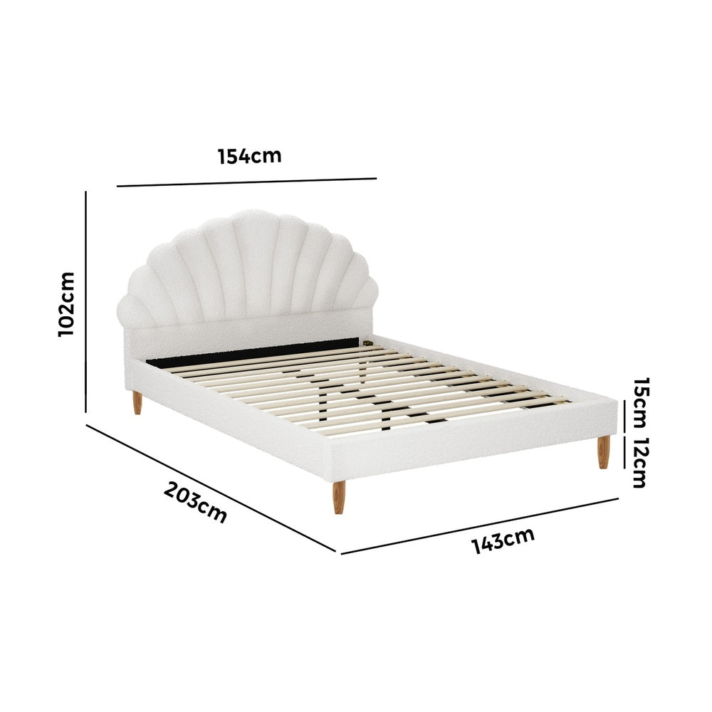 Bed Frame Double Size Scallop-Shape Bedhead White Boucle