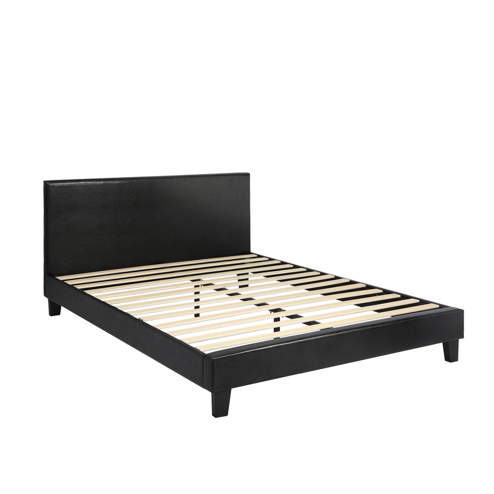 Bed Frame Queen Size Base Mattress Platform Leather Wooden Slats Black