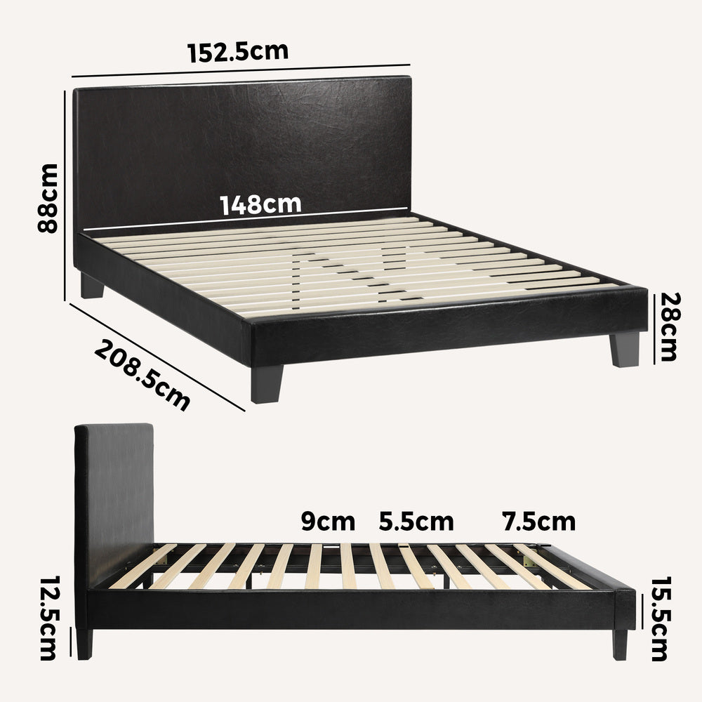 Bed Frame Queen Size Base Mattress Platform Leather Wooden Slats Black