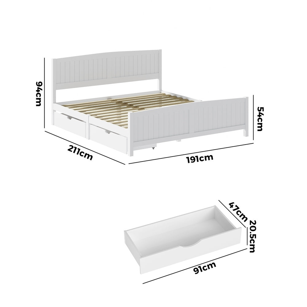 Wooden Bed Frame with Trundle Drawers White