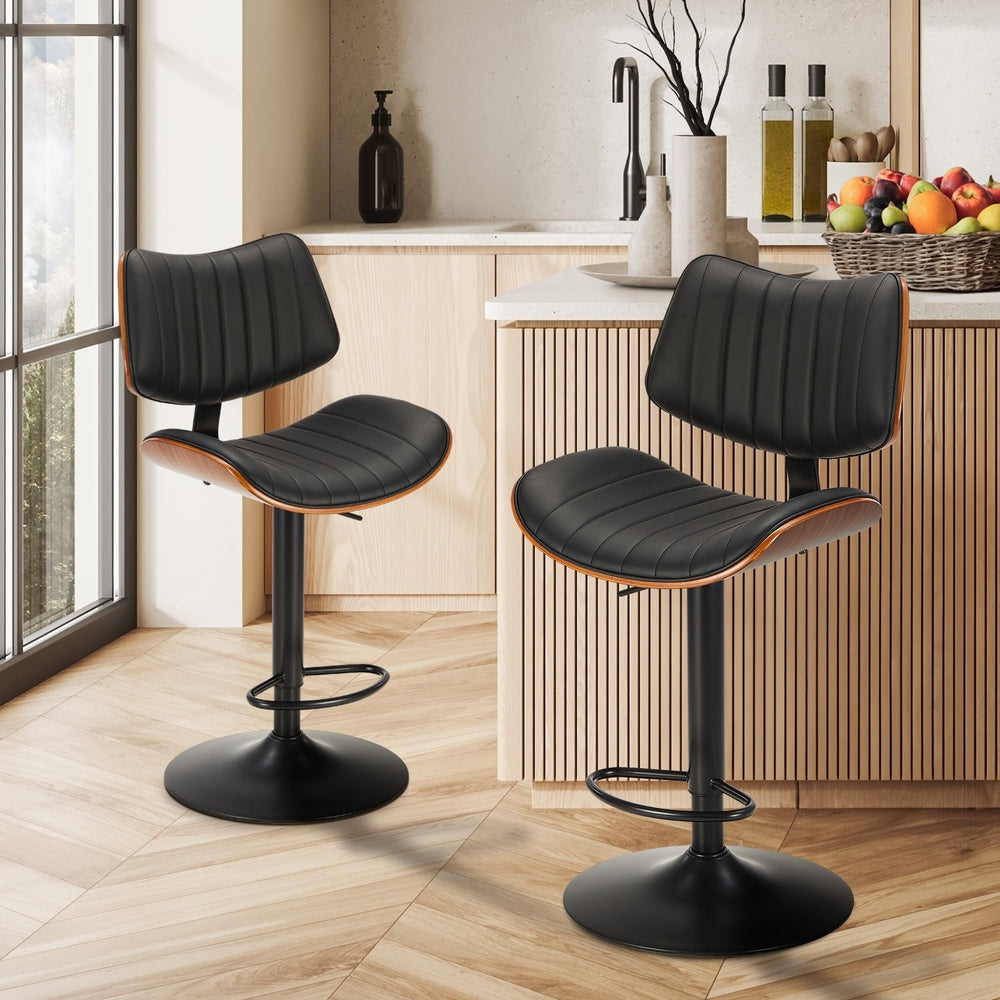 2x Bar Stool Kitchen Swivel Chair Wooden Leather Gas Lift Black