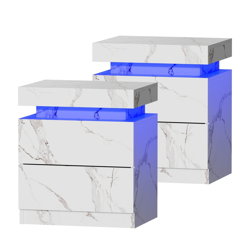 2x Bedside Table 2 Drawers LED Nightstand Marble Effect Black