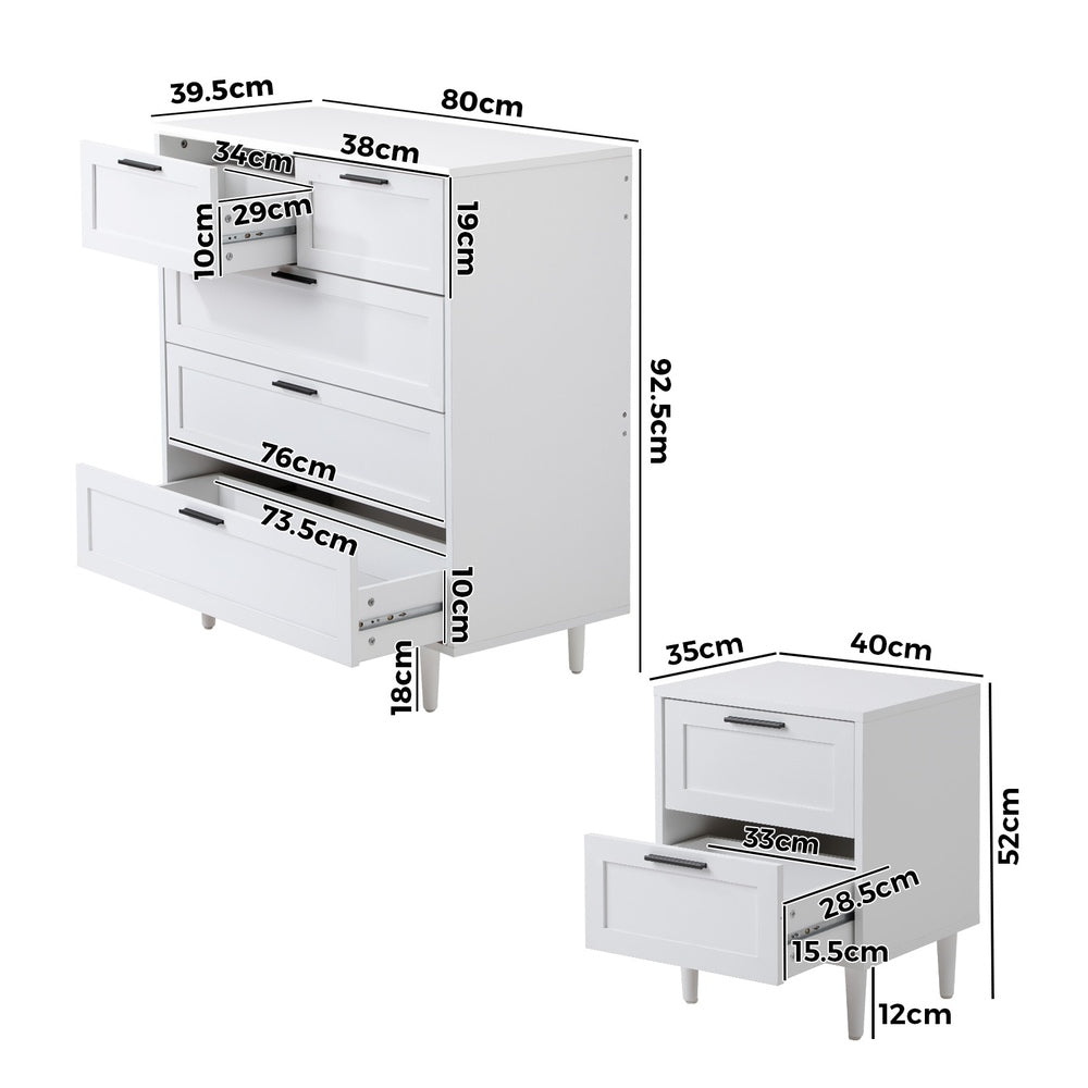 5 Chest of Drawers and 2 Bedside Tables Bedroom Set White