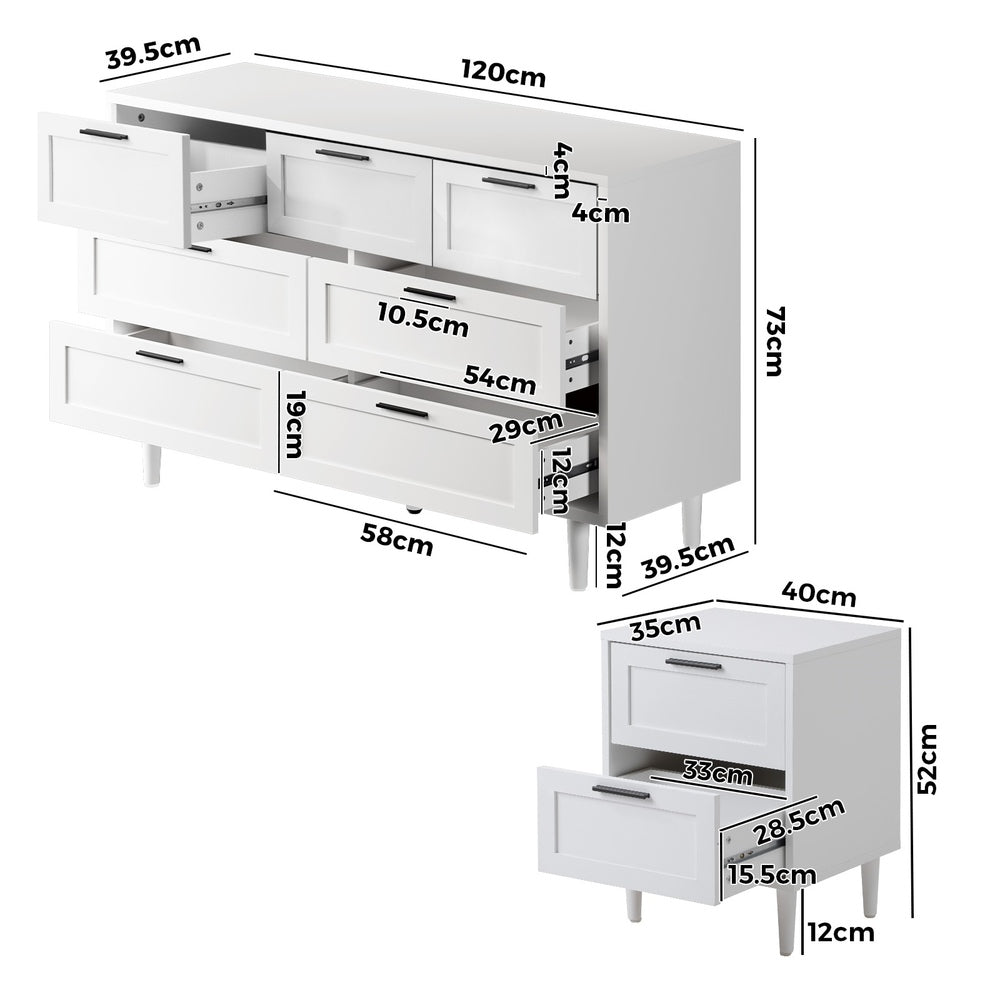 7 Chest of Drawers and 2 Bedside Tables Bedroom Set White