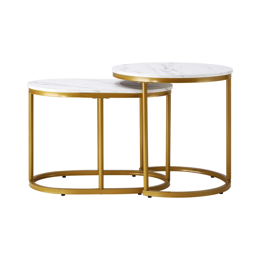 Set of 2 Coffee Table Round Oval Marble Nesting Side End Table