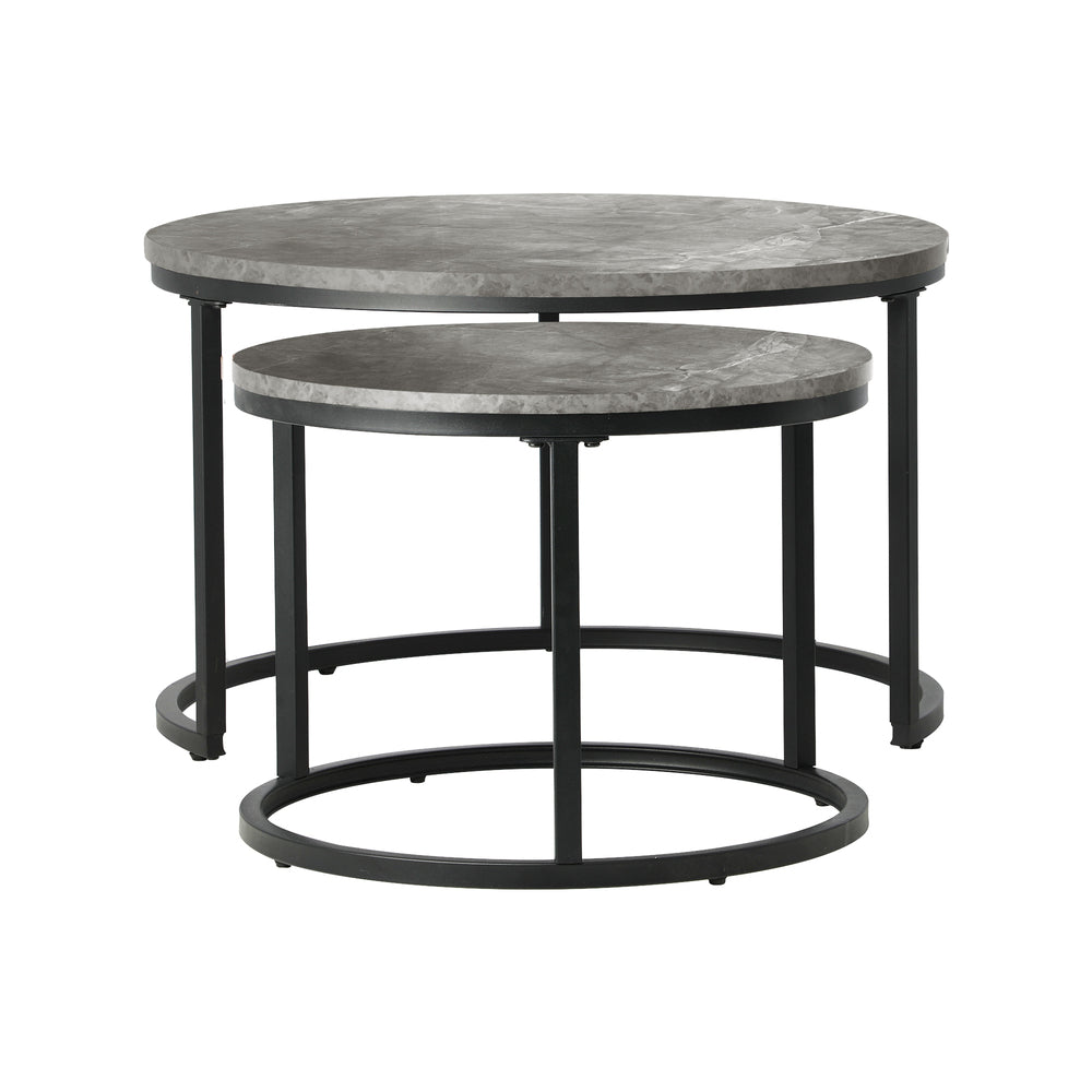 Set of 2 Coffee Table Round Marble Nesting Side End Table Grey & Black