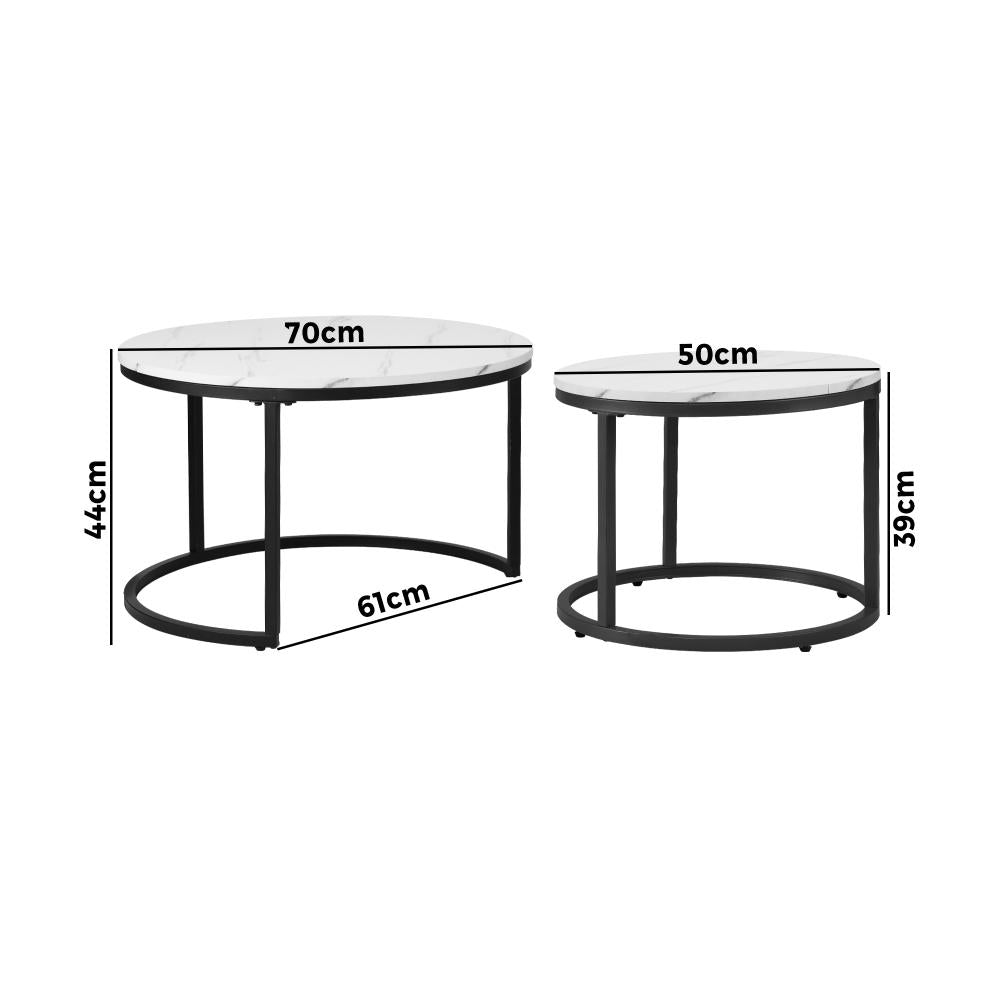 Set of 2 Coffee Table Round Marble Nesting Side End Table Furniture
