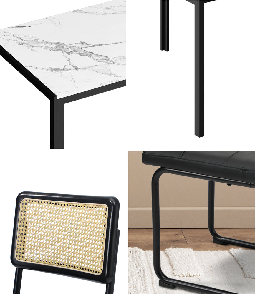 140cm Rectangle Dining Table with 6PCS Dining Chairs Leather Black