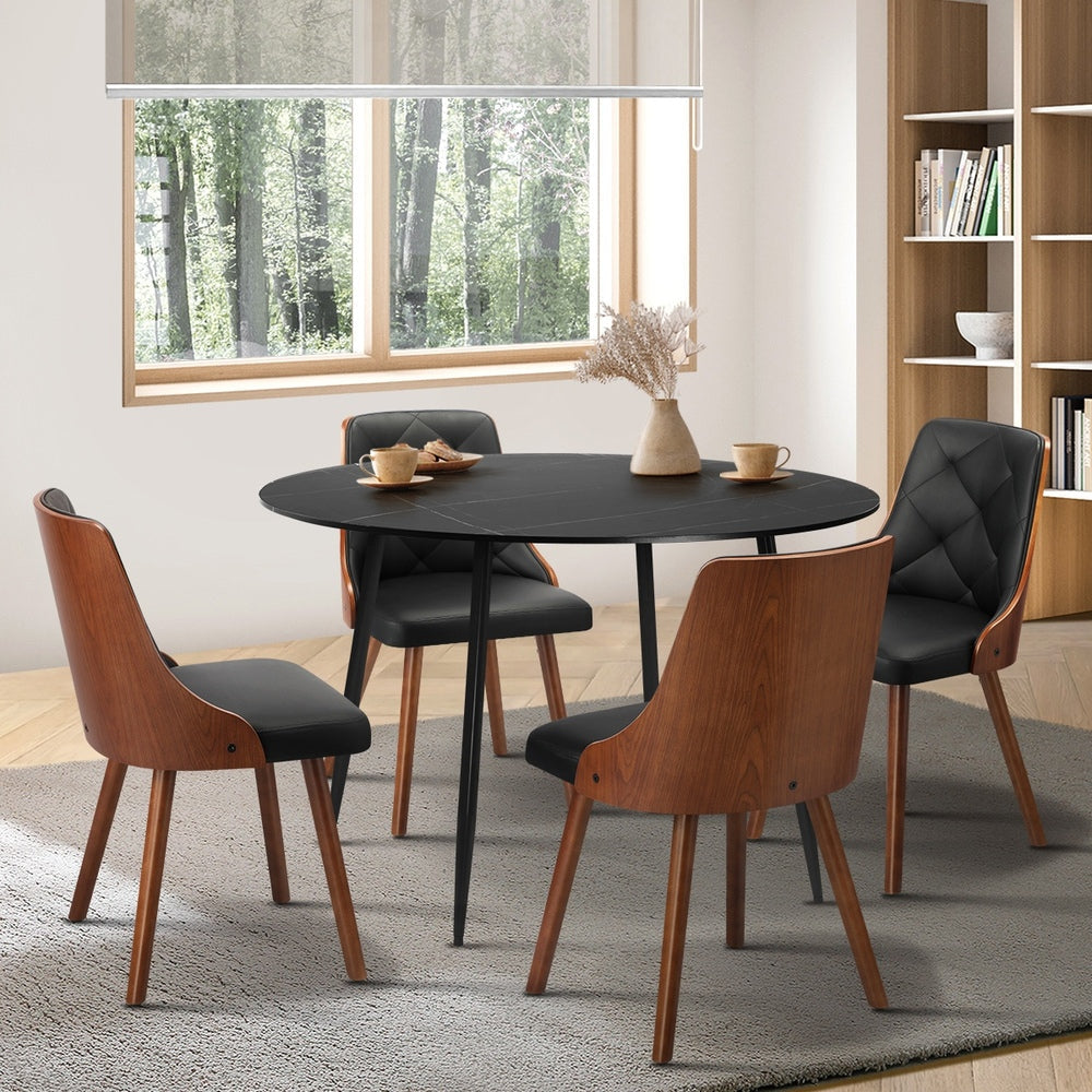 110cm Round Dining Table with 4 Chairs Leather Black