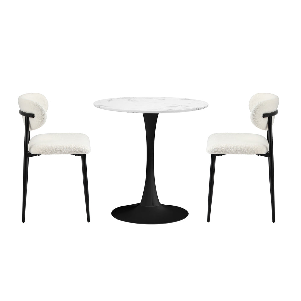 60cm Round Dining Table with 2x Dining Chairs Boucle White&Black