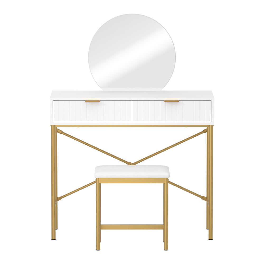 Dressing Table Stool Set with Mirror 2 Drawers White & Gold