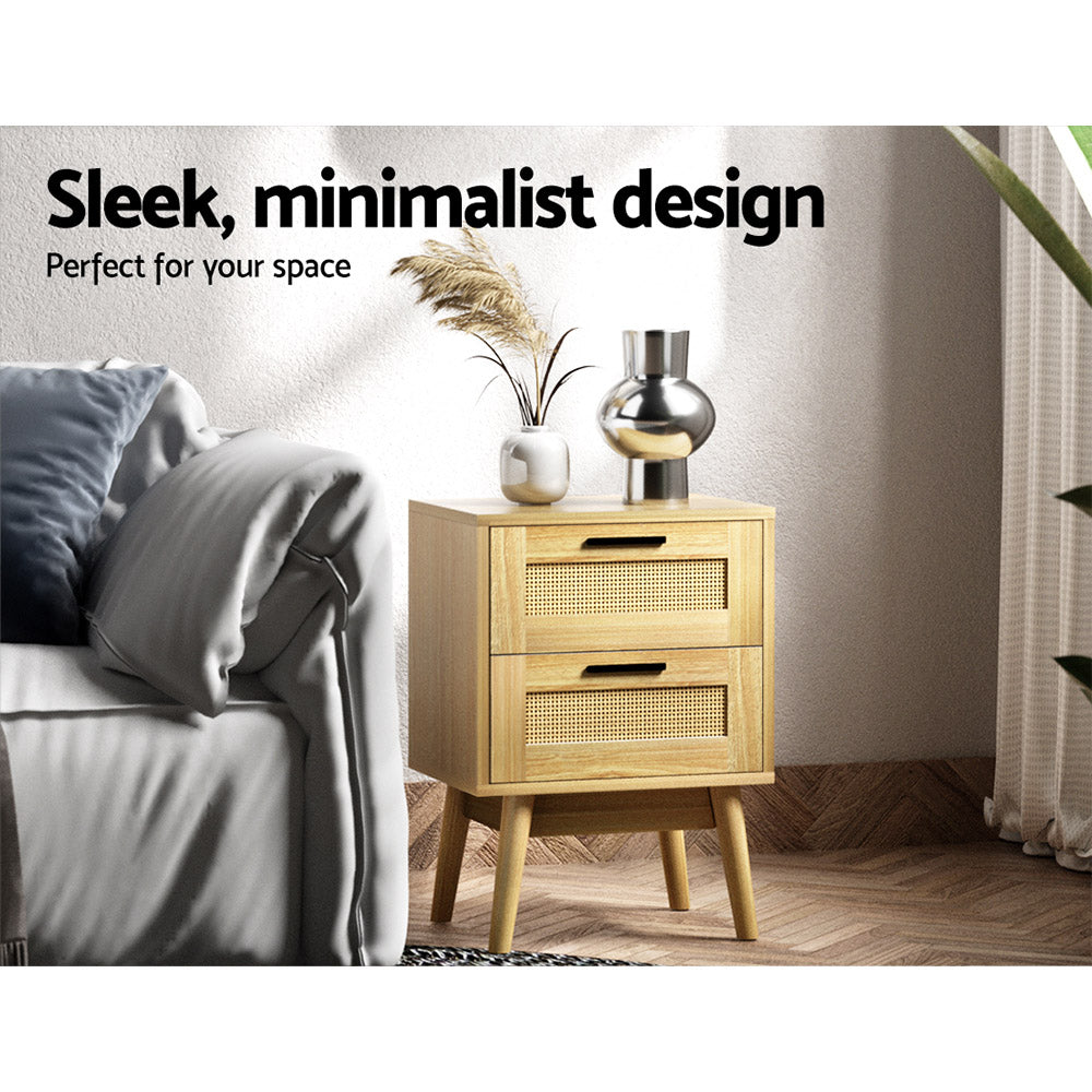Rattan Bedside Table 2 Drawers Wood - Rie Oak
