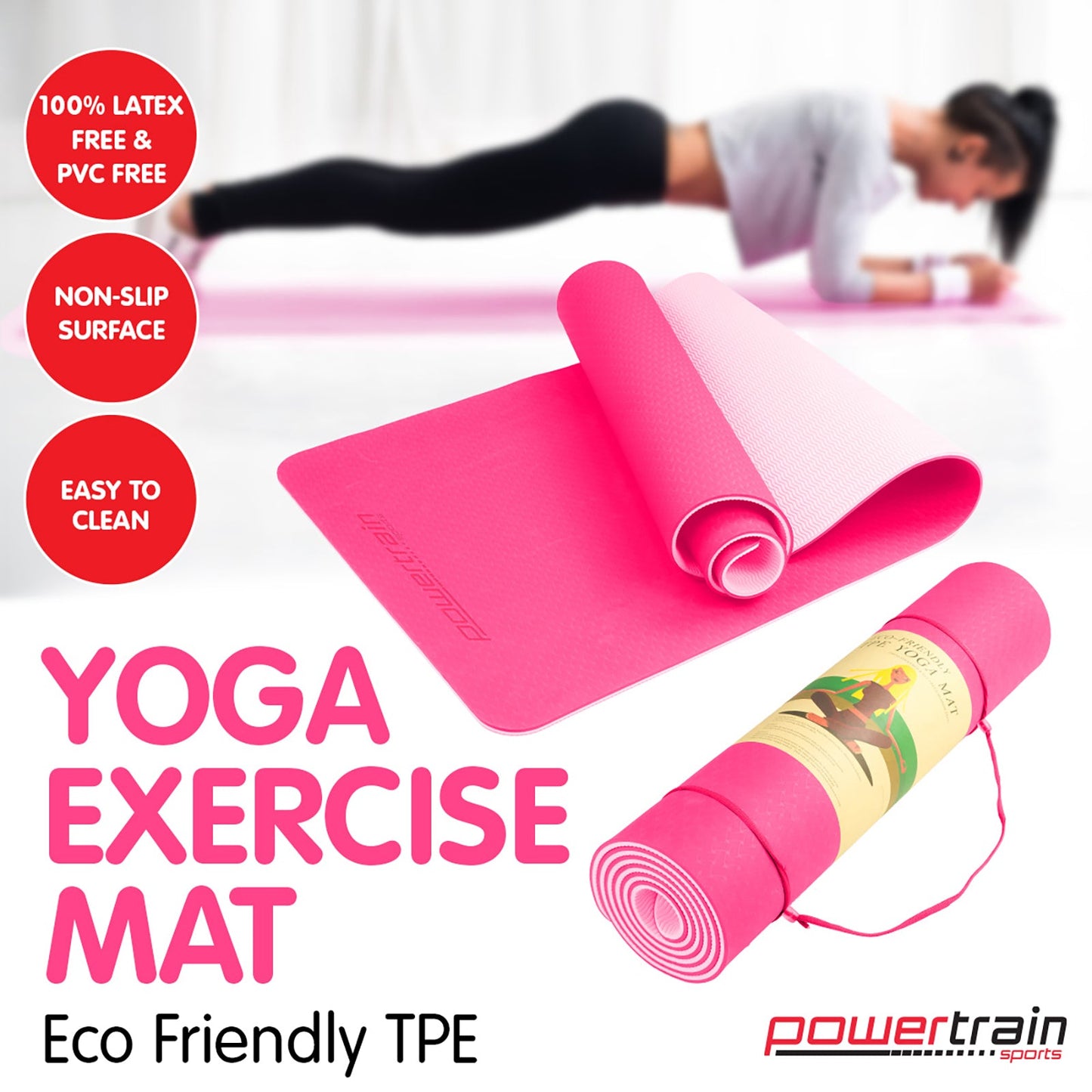 Powertrain Eco-Friendly TPE Pilates Exercise Yoga Mat 8mm - Pink