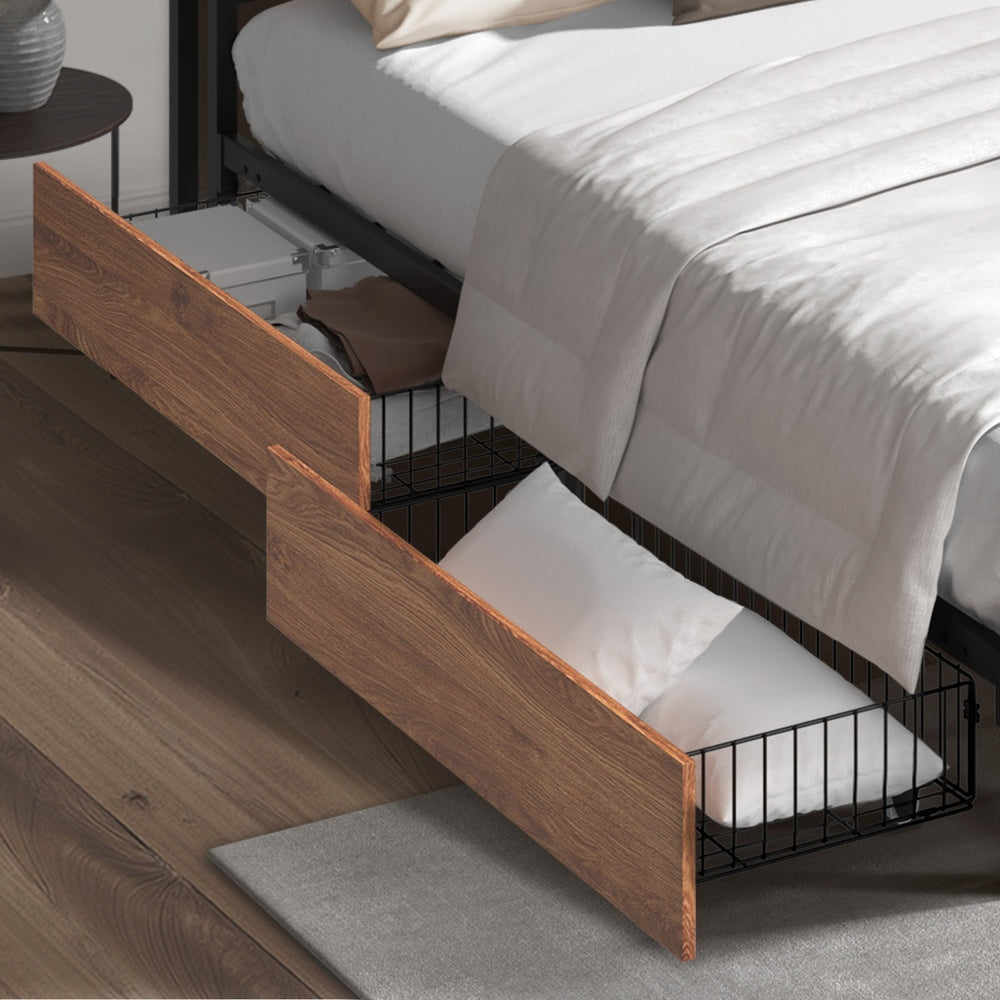 4x Bed Frame Storage Drawers with Wheels Metal Brown