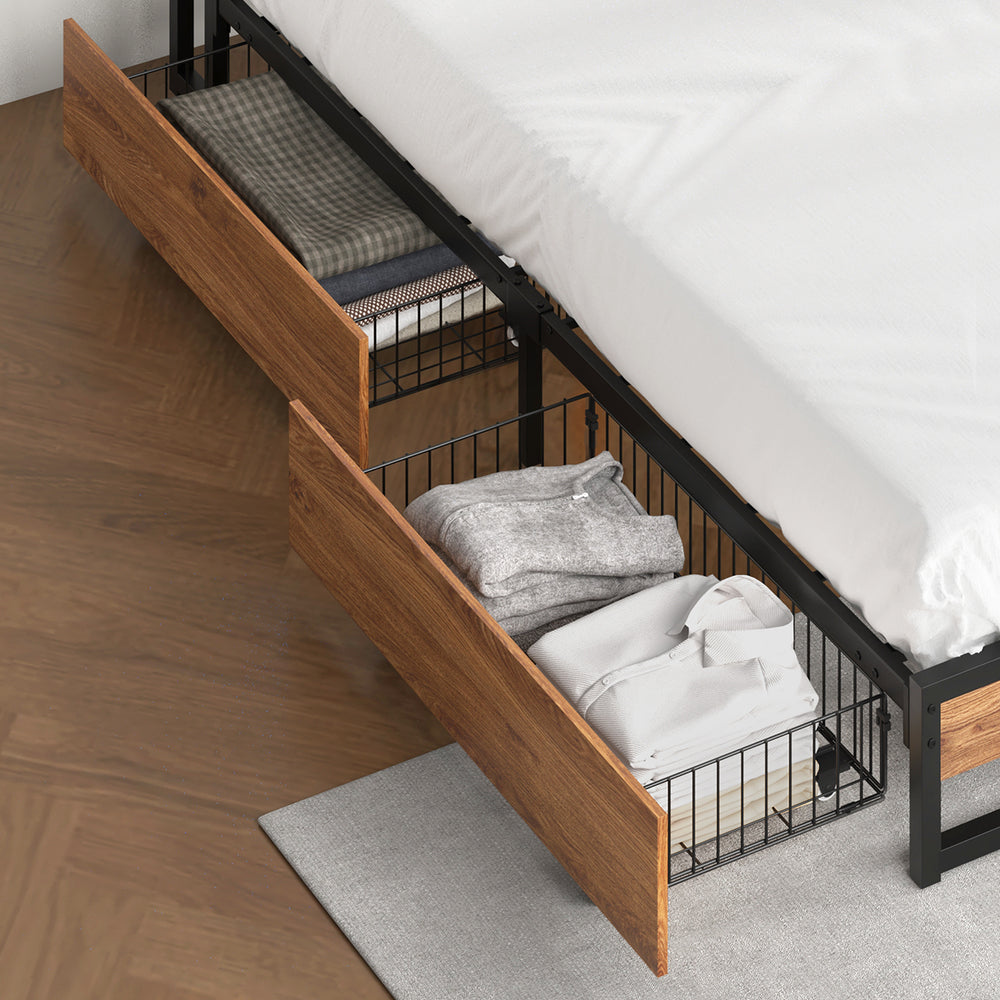 4x Bed Frame Storage Drawers with Wheels Metal Brown