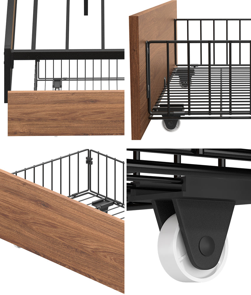 4x Bed Frame Storage Drawers with Wheels Metal Brown