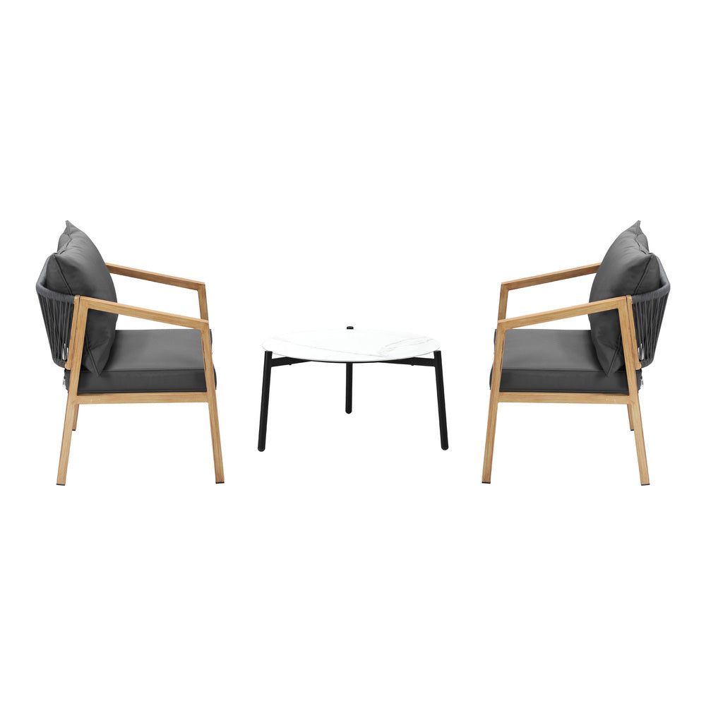 3PCS Outdoor Patio Set White 50cm Coffee Table Grey/Natural Chairs