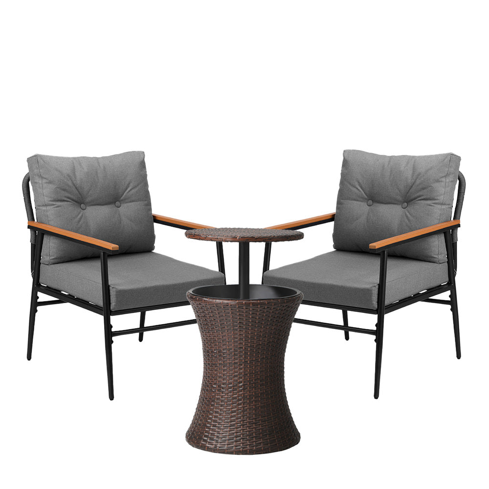 Outdoor Lounge Setting Ice Bucket Black/Brown Table 2 Seater