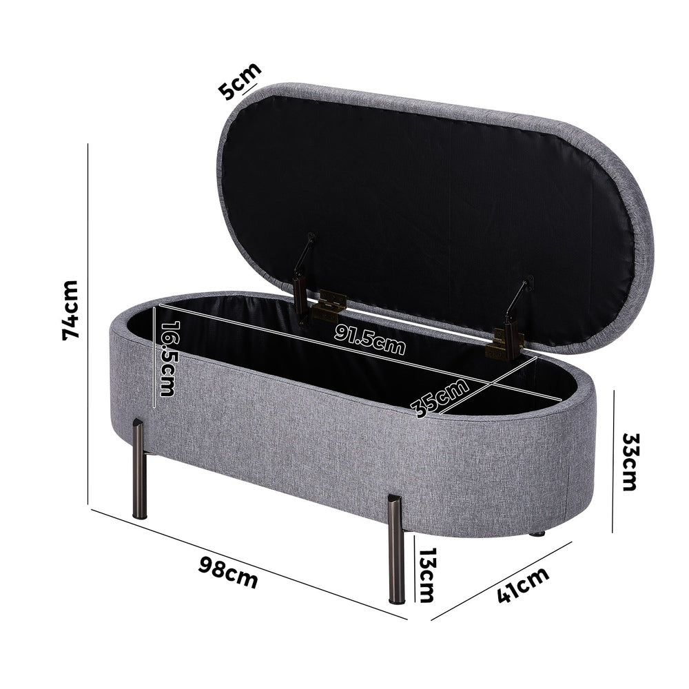 Storage Ottoman Bench Oval Blanket Linen Grey