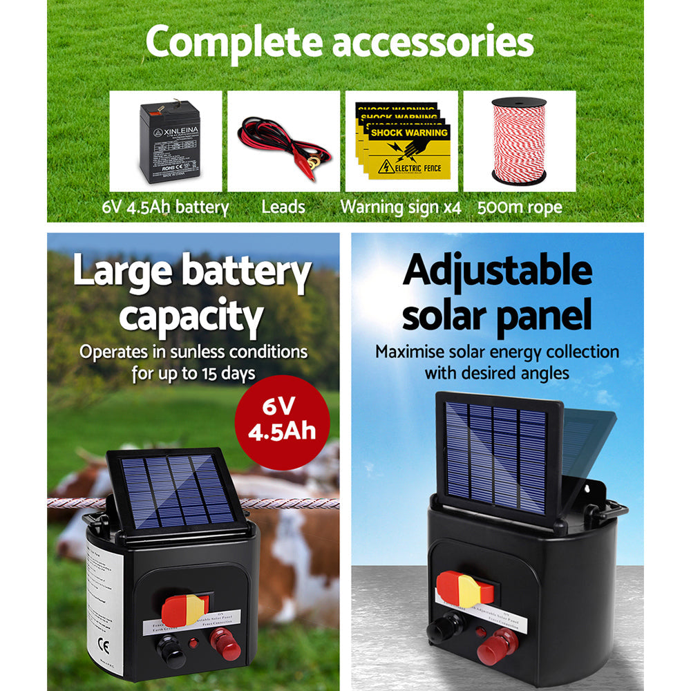 Fence Energiser 3Km Solar Powered Electric 500M Poly Rope