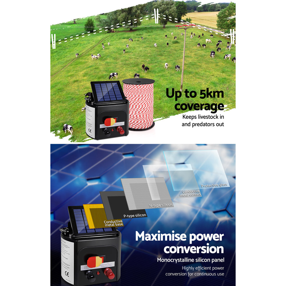 Fence Energiser 5Km Solar Powered Electric 500M Poly Rope