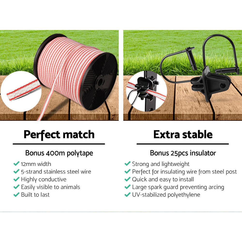 Fence Energiser 5Km Solar Powered Electric 400M Poly Tape Insulator