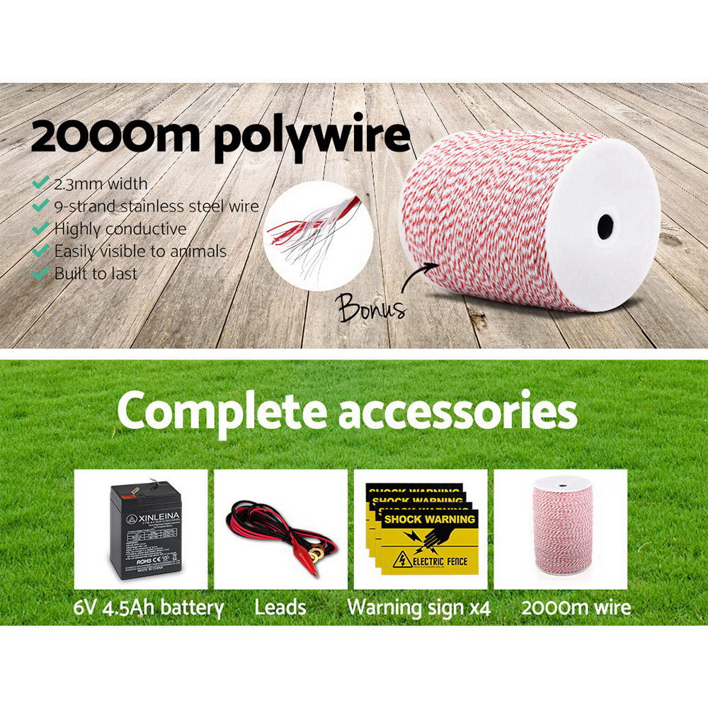 Fence Energiser 5Km Solar Powered Electric 2Km Poly Wire