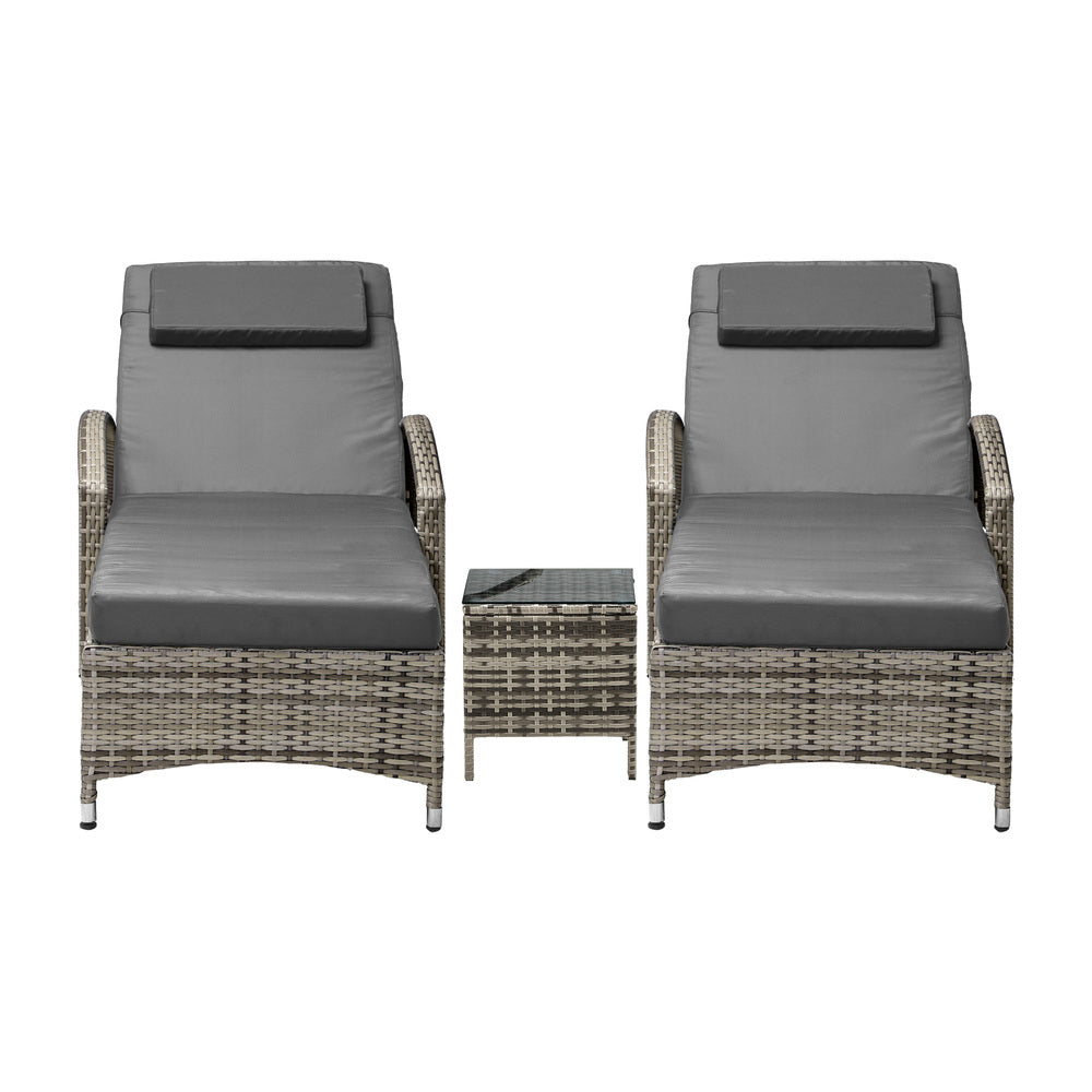 2x Wheeled Sun Lounger Day Bed & Table Outdoor Setting Patio