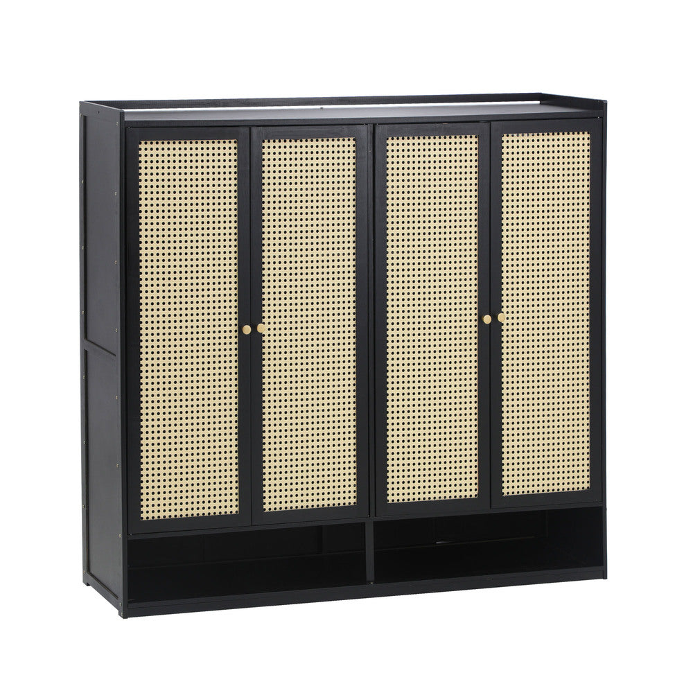 Shoe Storage Cabinet 4 Doors Rattan Black