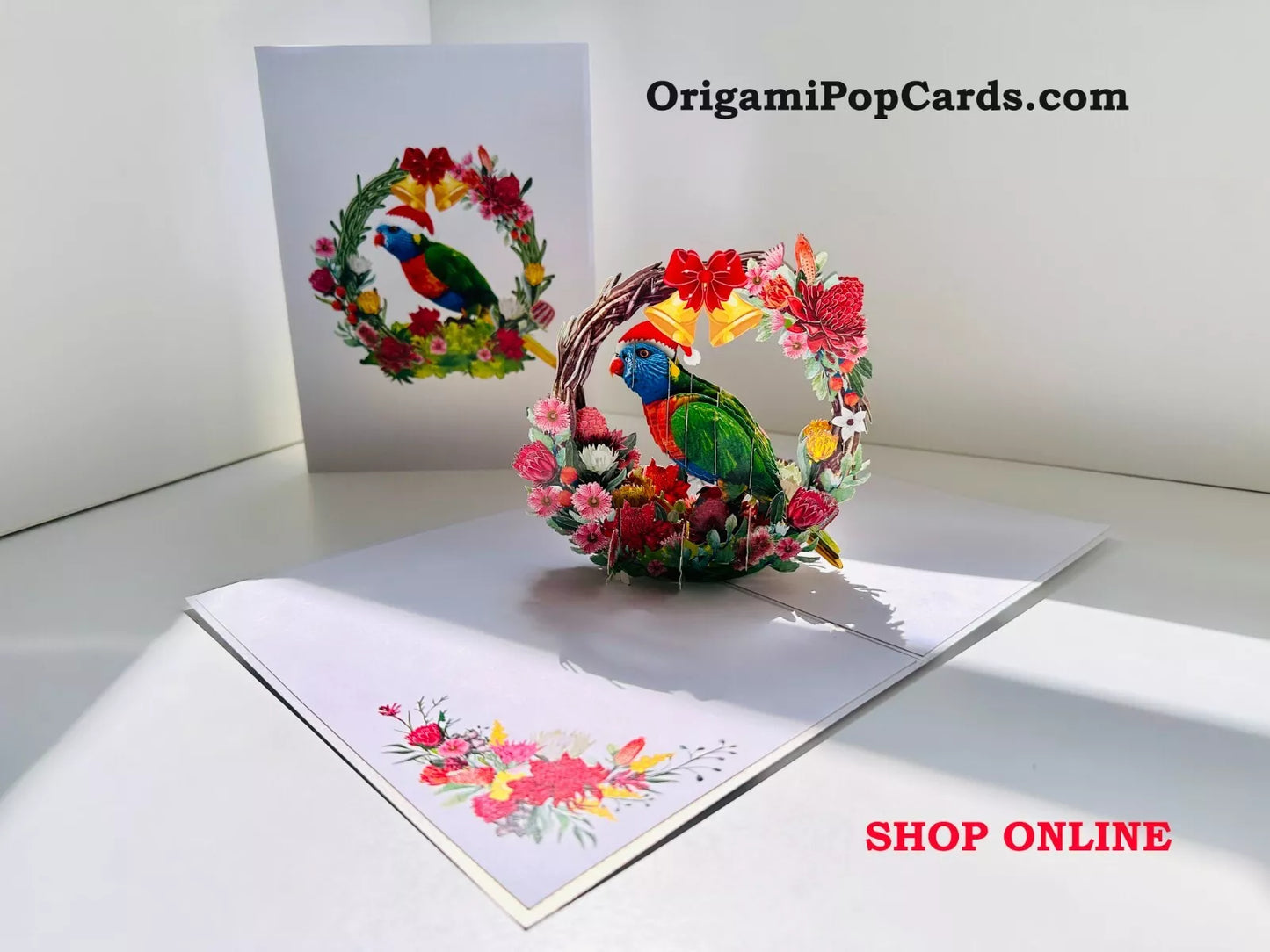 ORIGAMI POP CARD Merry Christmas Australian Rainbow Lorikeet Wreath Pop Up Card AU