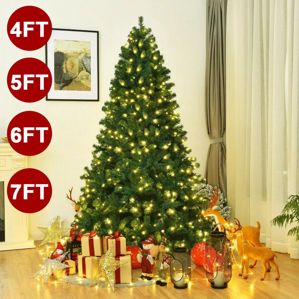 4/5/6/7FT Artificial Christmas Tree W/ LED Lights Bushy Xmas Decor & Metal Stand