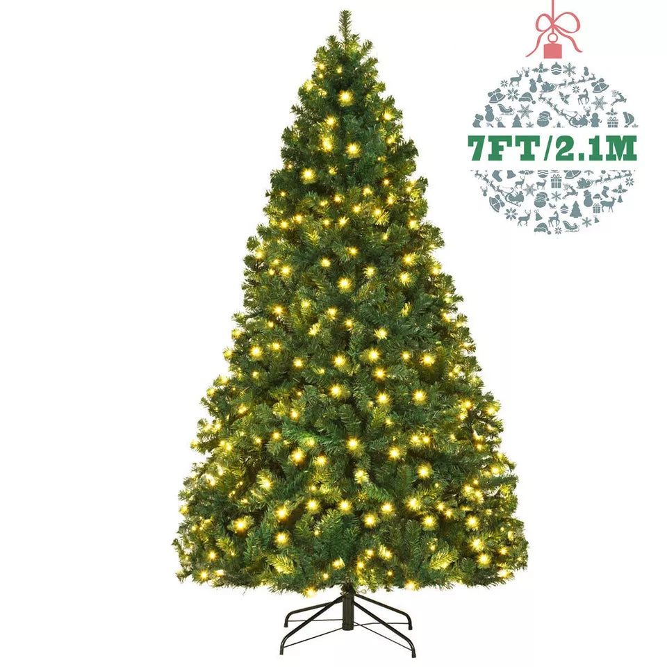4/5/6/7FT Artificial Christmas Tree W/ LED Lights Bushy Xmas Decor & Metal Stand