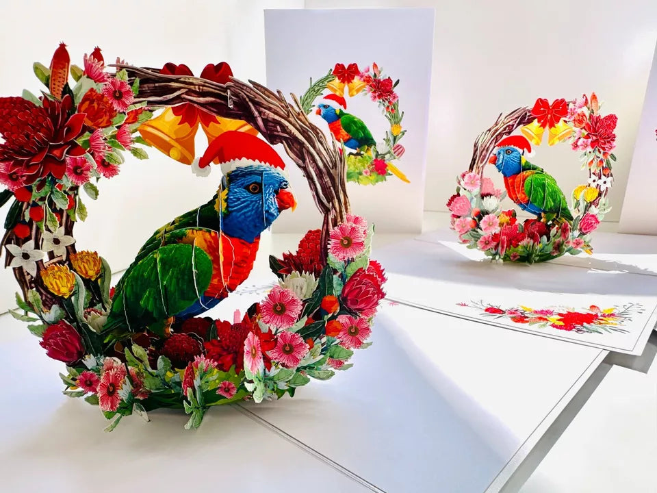 ORIGAMI POP CARD Merry Christmas Australian Rainbow Lorikeet Wreath Pop Up Card AU