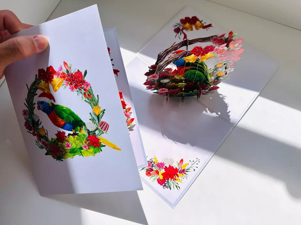 ORIGAMI POP CARD Merry Christmas Australian Rainbow Lorikeet Wreath Pop Up Card AU