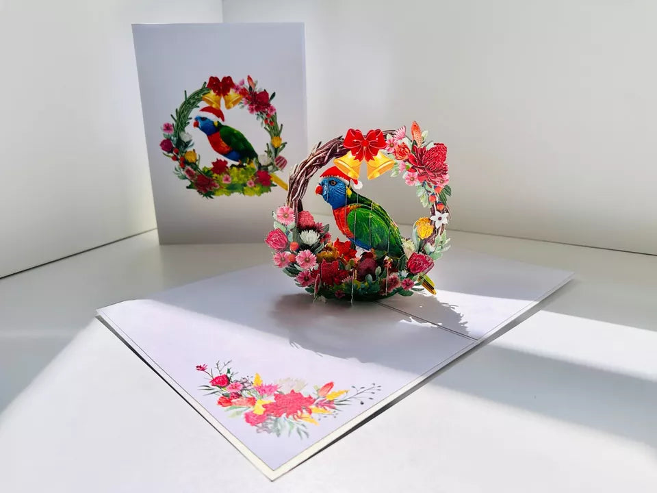 ORIGAMI POP CARD Merry Christmas Australian Rainbow Lorikeet Wreath Pop Up Card AU