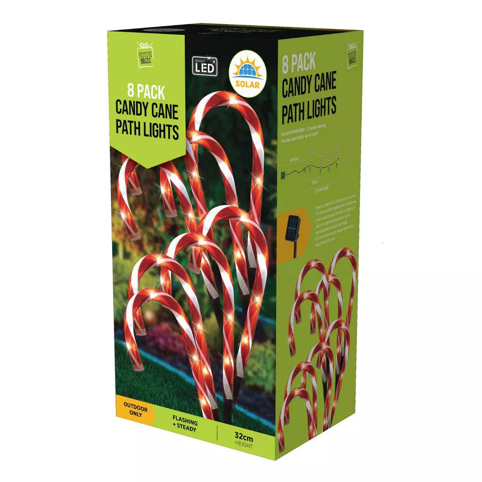 8 SOLAR Candy Cane Flashing Outdoor Christmas Garden Path Stake Xmas Lights 32cm
