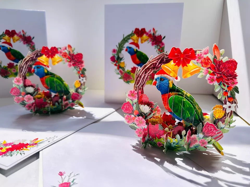 ORIGAMI POP CARD Merry Christmas Australian Rainbow Lorikeet Wreath Pop Up Card AU