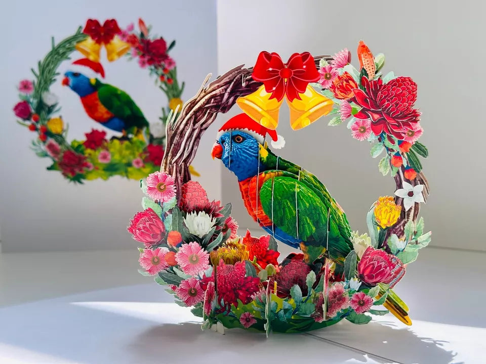 ORIGAMI POP CARD Merry Christmas Australian Rainbow Lorikeet Wreath Pop Up Card AU