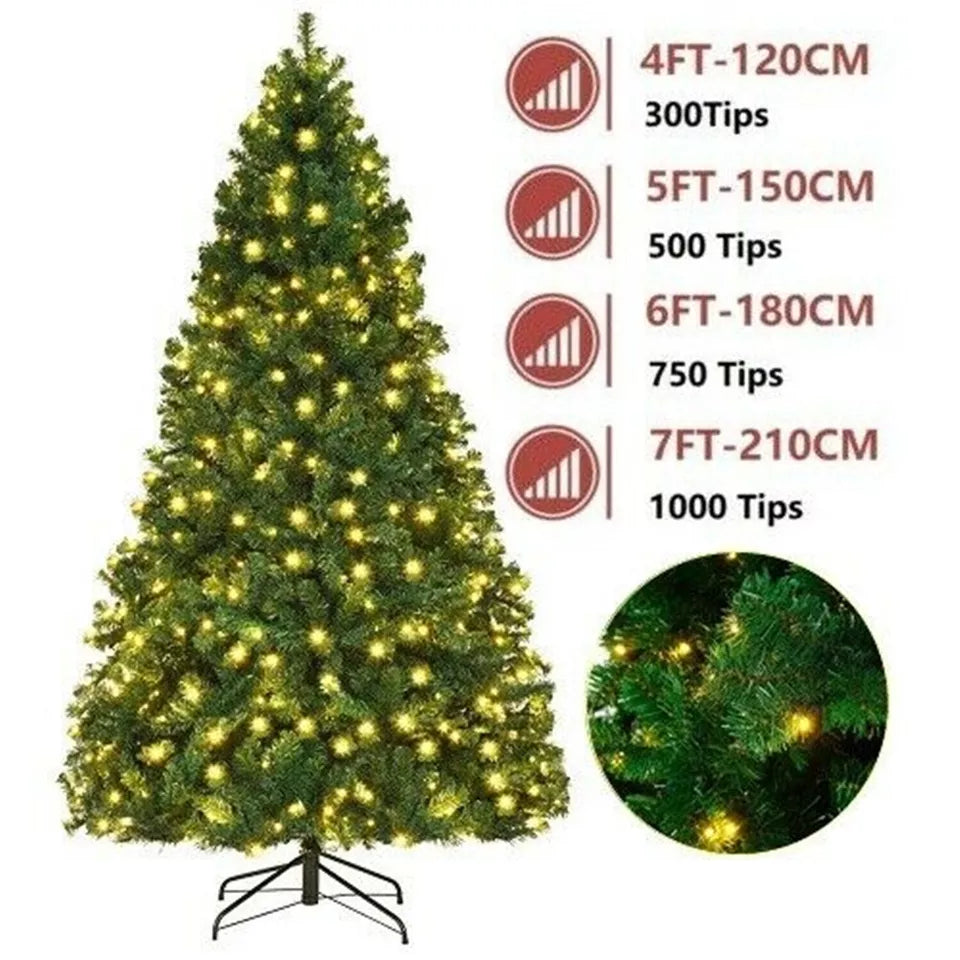 1.2M/1.5M/1.8M/2.1M Christmas Tree with Lights Bushy Xmas Decor & Metal Stand