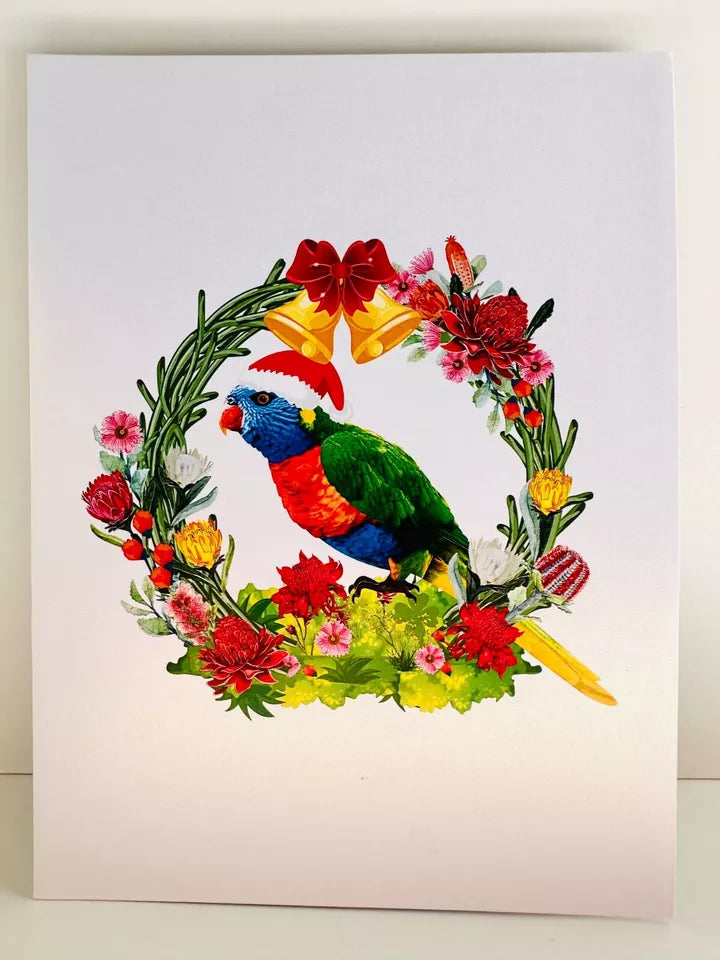 ORIGAMI POP CARD Merry Christmas Australian Rainbow Lorikeet Wreath Pop Up Card AU