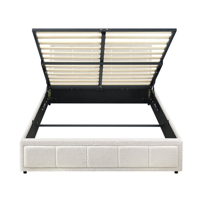 Bed Frame Queen Size Gas Lift Storage Base Boucle White