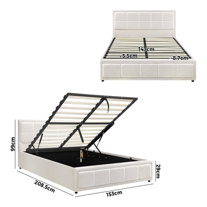 Bed Frame Queen Size Gas Lift Storage Base Boucle White