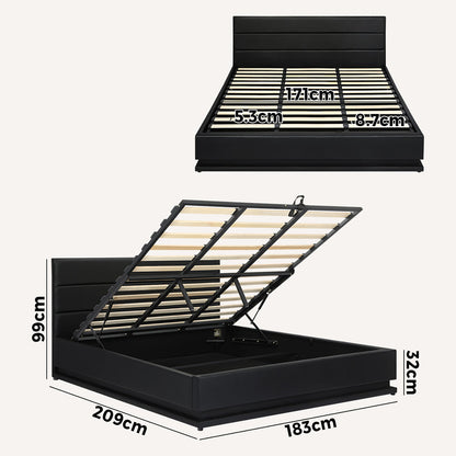 King Bed Frame, RBG Mattress Base with Gas Lift and Storage Space Black
