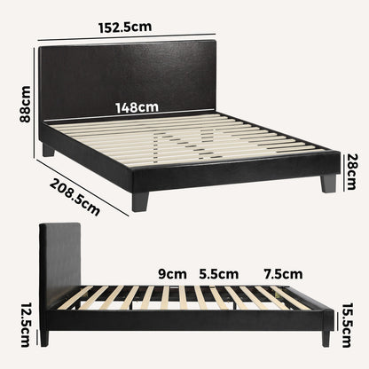 Bed Frame Queen Size Base Mattress Platform Leather Wooden Slats Black