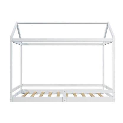 Kids Wooden Bed Frame House Base with Fence Double White